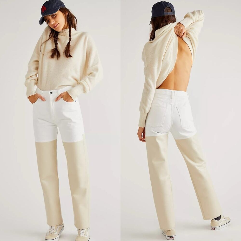 Agolde Pieced Pinch Waist 90's White Denim & Cream Leather Jeans size 29